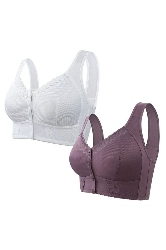 2 Pack Bra Front Closure Womens Comfort Plus Size Breathable Underwear Full Coverage Everyday Bras for Old Women (5XL, White A)