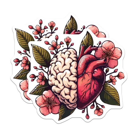 (2 Pack) Brain Heart Magnets - Floral Anatomy Art - Mind and Emotion Organ Design - Cherry Blossom Connection Decor - 5 Inches On Longest Side - Thick Durable Magnet - Made in USA - MAG19662