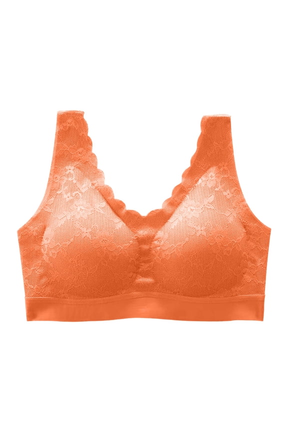 2 Pack Bras for Women No Underwire Back Lace Wireless Push Up Padded Sports Underwear,Orange,L