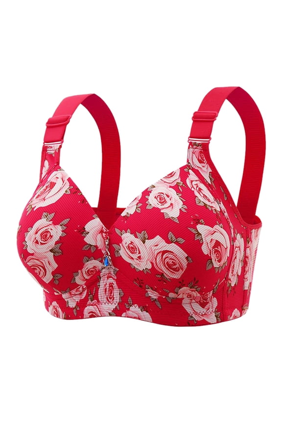 2 Pack Bras for Women No Underwire Floral Print Light Cup Side Support Minimizer Underwear,Red,46