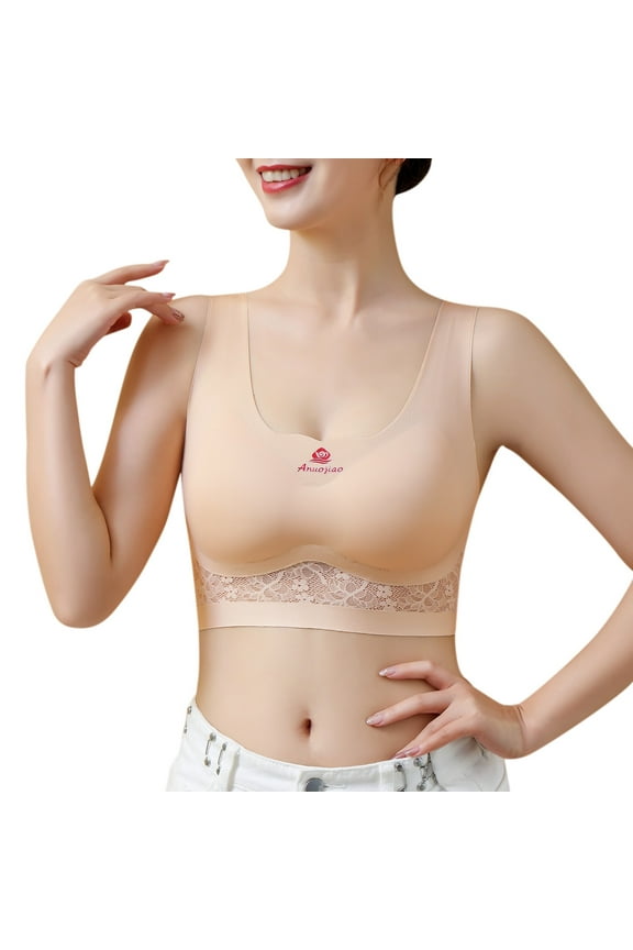 2 Pack Bras for Women No Underwire Lace Seamless Bralette Light Support Fit Underwear,Beige,M