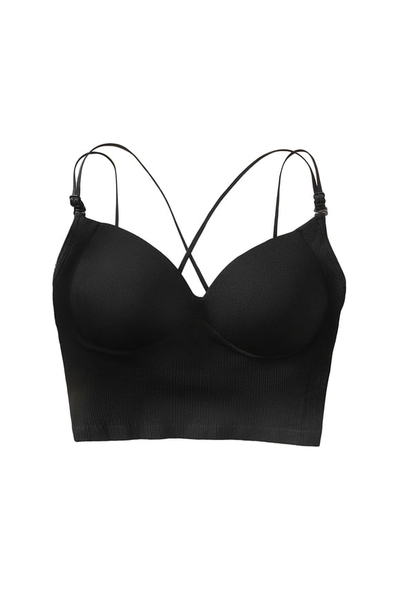 2 Pack Bras for Women No Underwire Seamless Fixed Cup Sports Top Light Support Underwear,Black,One Size