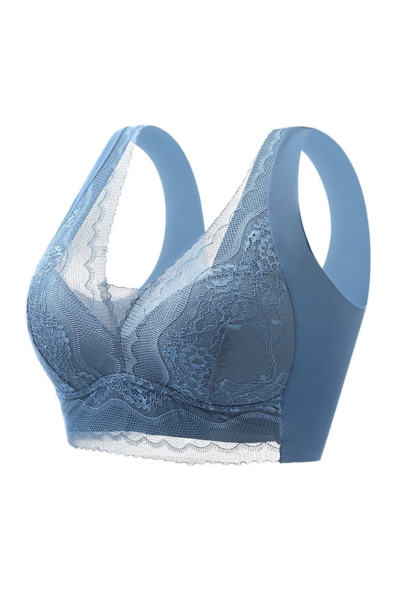 2 Pack Bras for Women No Underwire V Neck Lace Bralette Wide Straps Lift Support Underwear,Blue,XXXXL