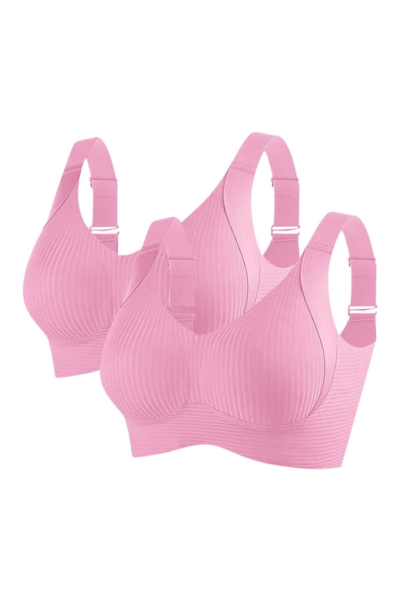 2 Pack Bras for Women Seamless Ribbed Wide Adjustable Straps Full Coverage Push up Support Underwear Sports & Daily Wear (XL, 2*Pink)