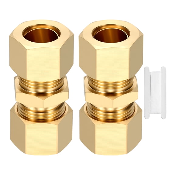 2 Pack Brass Compression Tube Pipe Fitting, 1/2" OD Compression Union Connector, Straight Coupling Adapter Pipe Fitting with Double Ferrules Tape for Air, Water, Oil, Gas