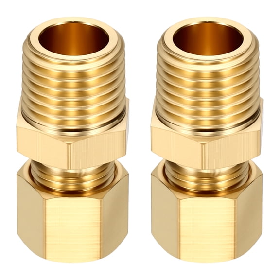 2 Pack Brass Compression Tube Pipe Fitting, 1/4"OD Compression x 1/4" NPT Male Union Connector, Straight Coupling Adapter Pipe Fitting for Air, Water, Oil, Pipeline Systems