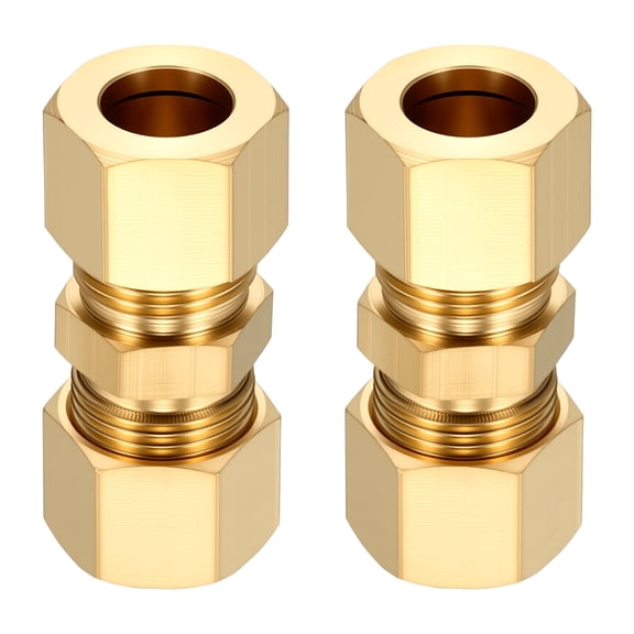 2 Pack Brass Compression Tube Pipe Fitting, 3/8" OD Compression Union Connector, Straight Coupling Adapter Pipe Fitting with Double Ferrules for Air, Water, Oil, Gas