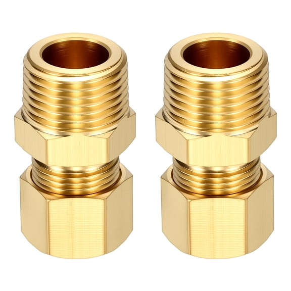 2 Pack Brass Compression Tube Pipe Fitting, 3/8"OD Compression x 3/8" NPT Male Union Connector, Straight Coupling Adapter Pipe Fitting for Air, Water, Oil, Pipeline Systems