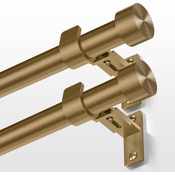 2 Pack Brass Gold Curtain Rod 34 to 124 Inch, Brushed Warm Gold 1” Adjustable Long Heavy Duty Curtain Rods for Windows, Decorative Antique Drapery Rods with Modern Solid Aluminum Finials