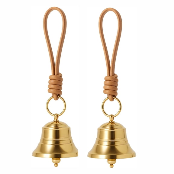 2 Pack Brass Hanging Bell for Door Knob, Vintage Gold Small Doorbell Chime with Leather Rope, Hanging Door Hanger Bell for Front Door, Home Shop Garden Christmas Holiday Decor