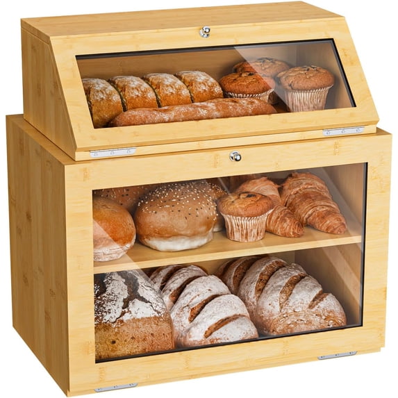 2 Pack Bread Box for Kitchen Counter, No Assembly Breadbox Double Layer Bamboo Bread Container with Clear Windows, Large Capacity Kitchen Food Storage Container