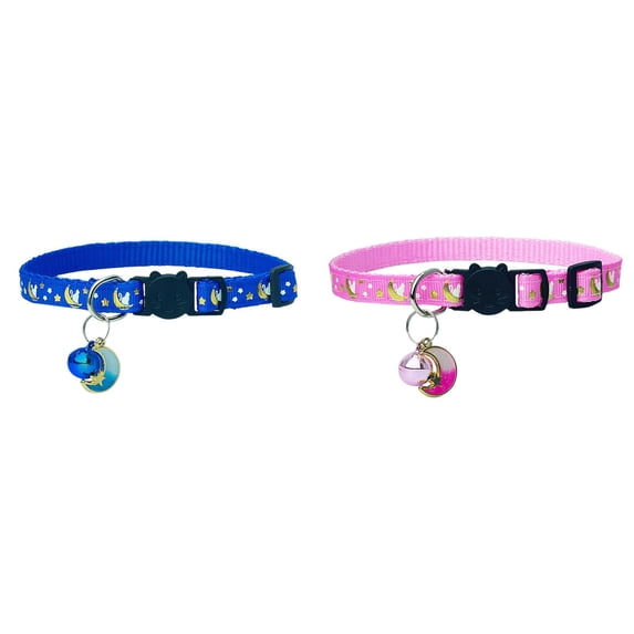 2 Pack Breakaway Cat Collar with Bell, 7.48-9.06 inch Adjustable Safe Kitten Collars, Moons Stars Cute Kitten Collar for Cats, Lightweight Cat Collar with Durable D-Ring for Kitty Small Big Cats