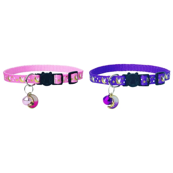 2 Pack Breakaway Cat Collar with Bell, 7.48-9.06 inch Adjustable Safe Kitten Collars, Moons Stars Cute Kitten Collar for Cats, Lightweight Cat Collar with Durable D-Ring for Kitty Small Big Cats
