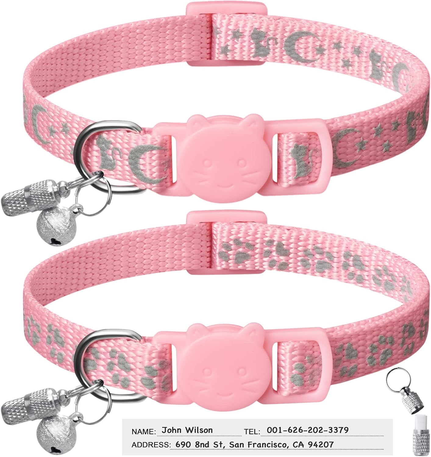 2 Pack Reflective Breakaway Cat Collars With Personalized Name Plate & Bell - Safety Collars For Cats