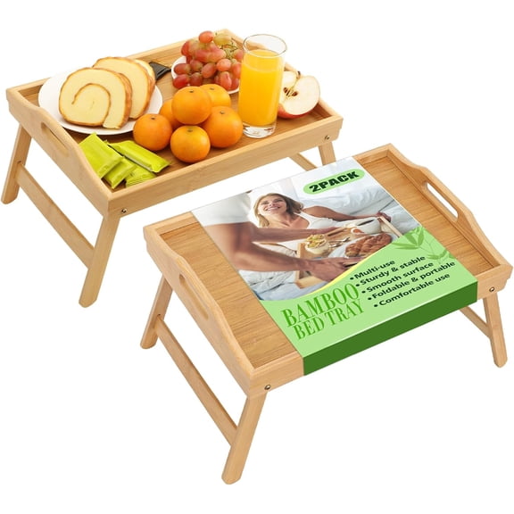 2 Pack Breakfast in Bed Tray with Folding Legs, 15.7x11.8in Foldable Bamboo Lap Bed Table Tray with Handles, for Eating, Working, Tablet & Laptop Stand, Serving Tray for Adult and Kids