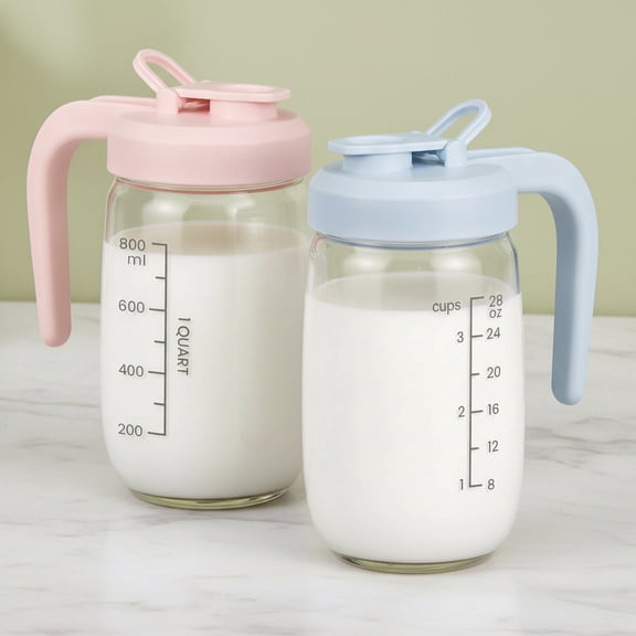 2 Pack Breast Milk Pitcher 32 OZ, Heat & Cold Resistant, Sudden Temperature Safe, Fast Formula Maker with Wide Mouth, No Leak Glass Fridge Storage Container for Juice, Cold Brew-Blue, Pink
