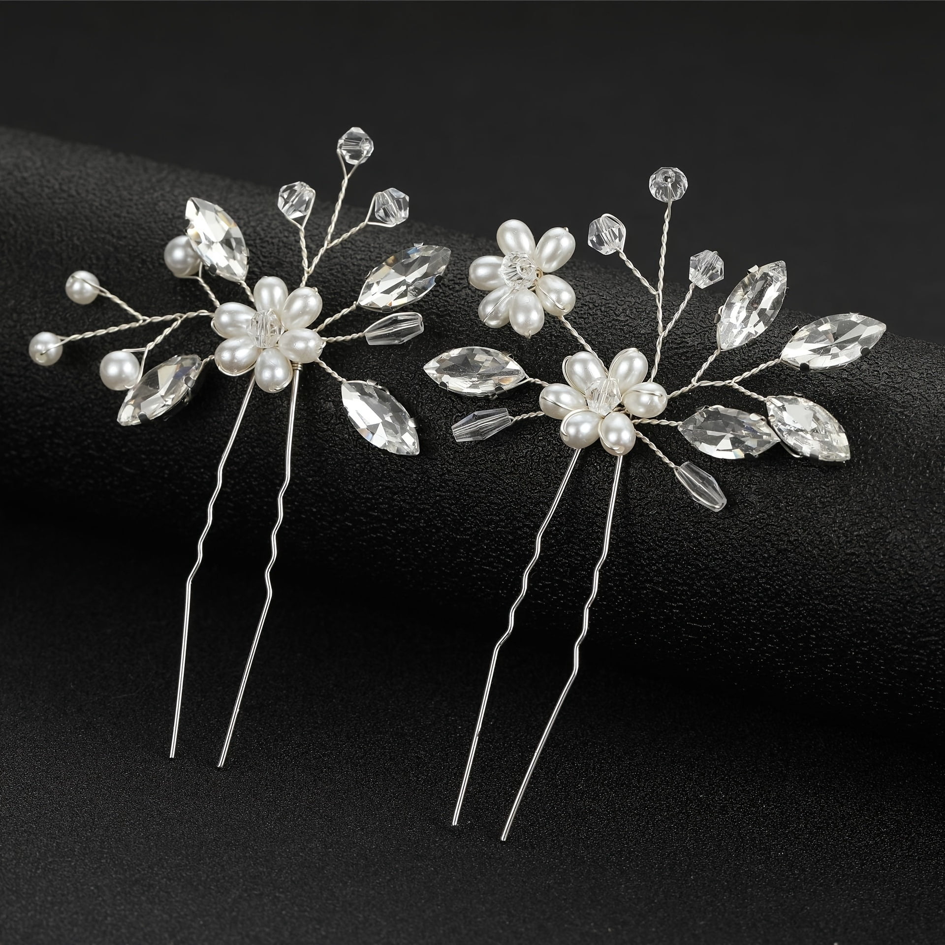 2-Pack Bridal Hair Clips - Silver Crystal & Pearl Flower Wedding Hair Accessories for Women and Girls