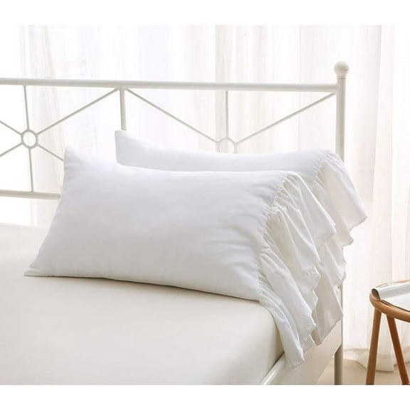 2-Pack Bright White Pillow Cases Shams Covers with Long Ruffles Shabby Chic Egypt Cotton Queen Size 20"X30"Soft Soft