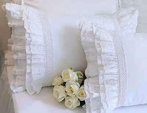 2-Pack Bright White Pillow Shams Cases Covers with Ruffles and Embroidery Lace Egypt Cotton King Size 20"X36" Princess Girls Bed