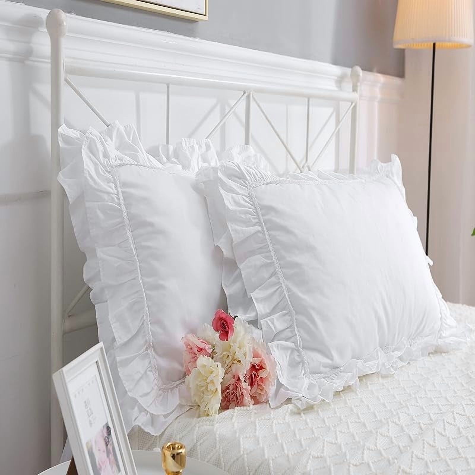 2-Pack Bright White Pillow Shams Pillowcases with Lace and Ruffles Cotton Standard Twin Size 20"X26" Shabby Chic
