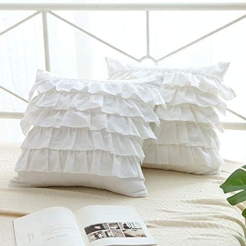 2-Pack Bright White Throw Pillow Covers with Waterfall Ruffles 5 Lays Cushion Cases Egypt Cotton 18"X18"Soft Boudoir