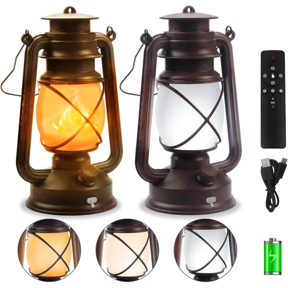 2 Pack Bronze 4 Modes Light LED Lanterns,Rechargeable Dancing Flame Lanterns Decorative Outdoor&Indoor, Remote Control Lights for Camping,Patio Garden Pathway