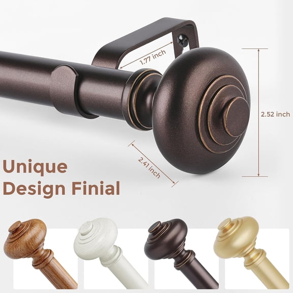 2 Pack Bronze Curtain Rods for Windows 48 to 84 Inch, Decorative Heavy Duty Single-Side Adjustable 1'' Antique Brown Curtain Rod, Vintage Rustic Metal Drapery Pole Set for Farmhouse Bedroom