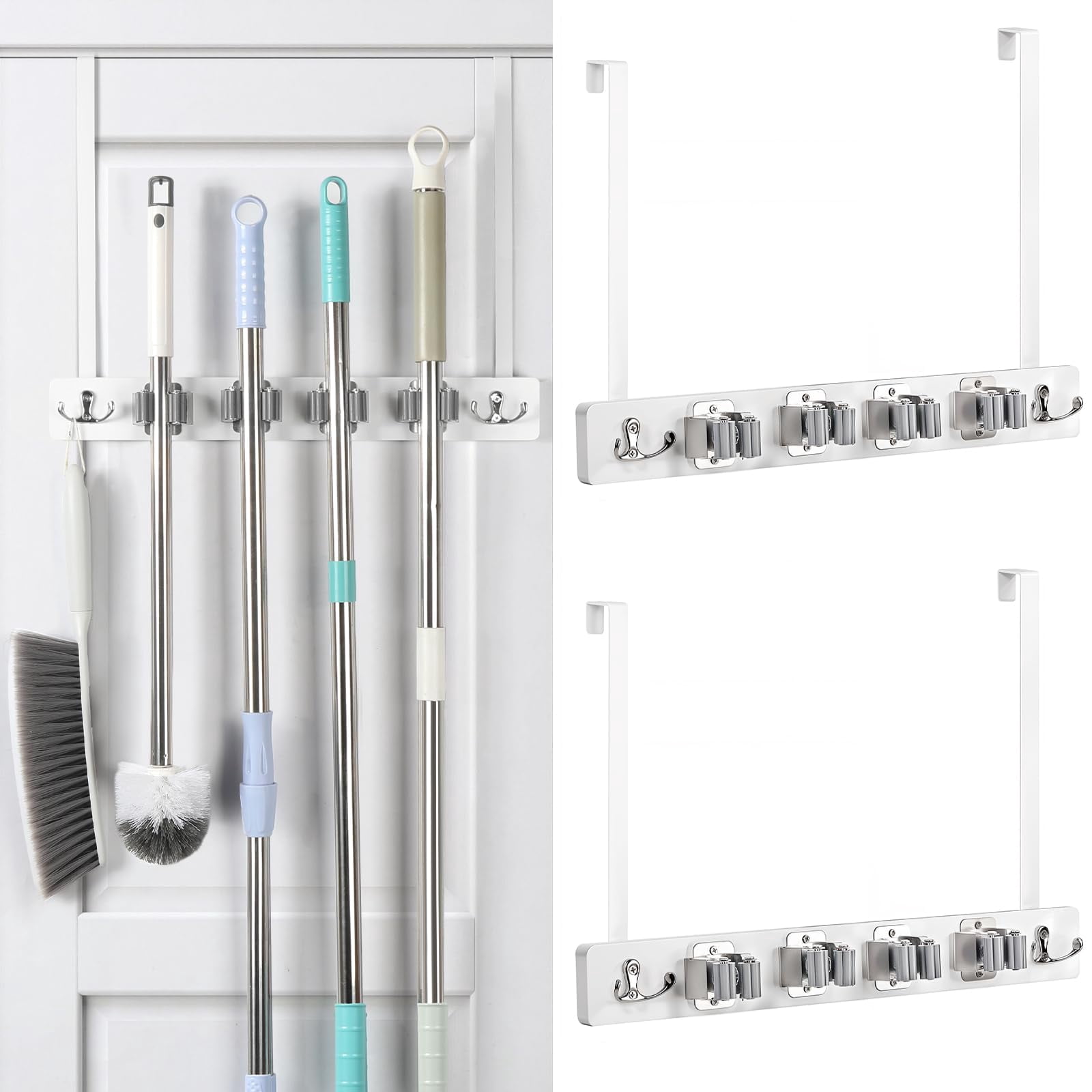 2 Pack Broom Holder Door Mount White Broom with 2 Over Door Hooks Over ...