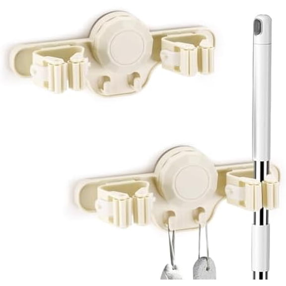 2 Pack Broom Holder Mop Hanger Wall Mount - Strong Suction Cup Mop and Broom Organizer with Hooks, Space Saving Removable Rack for Laundry Room Garden Garage (Beige)