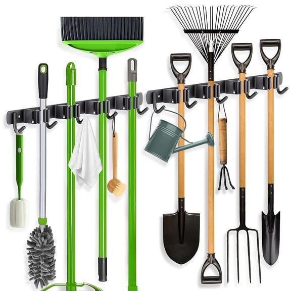 2 Pack Broom Holder Wall Mount, 4 Racks and 5 Hooks Mop Hanger Wall Mount Broom Organizer Stainless Steel Heavy Duty Garage Tool Racks for Home Kitchen Garden Laundry (Black)