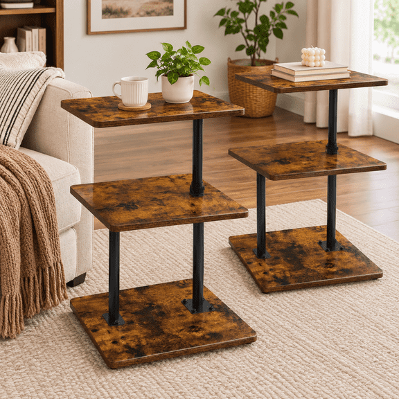 2-Pack Brown Adjustable Height Swivel End Tables with 360 Rotatable Tray
