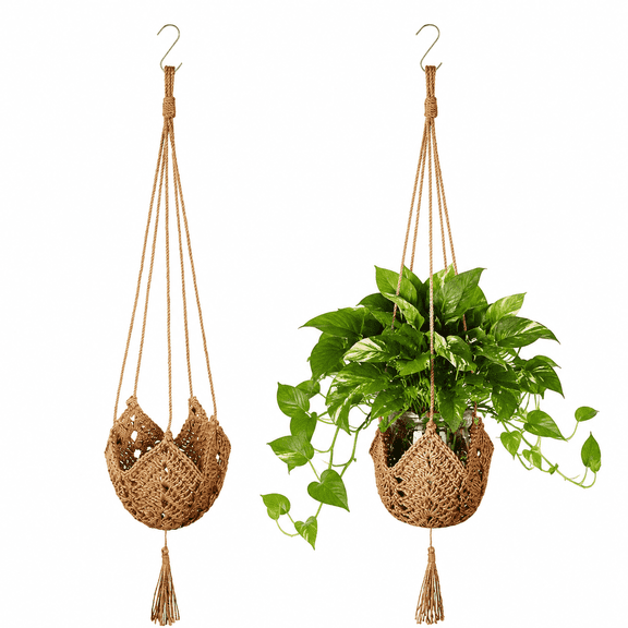 2 Pack Brown Boho Macrame Plant Hanger, Natural Jute Hanging Plant Holder, Indoor Hanging Planter Basket with S Hooks for Plant Lover Gift