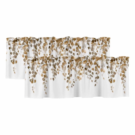 2 Pack Brown Eucalyptus Leaves Valance for Window Watercolor Retro Leaf Kitchen Valance Rod Pocket Short Curtain Topper Decorative Window Treatment for Living Room Bedroom 42"x12"