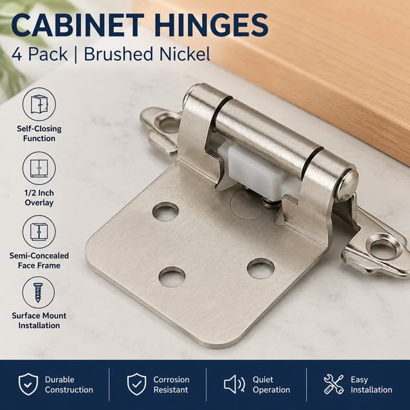 2 Pack Brushed Nickel Cabinet Hinges for Kitchen Doors, Self-Closing, 1/2 Inch Overlay, Semi-Concealed Face Frame, Surface Mount Hardware Set