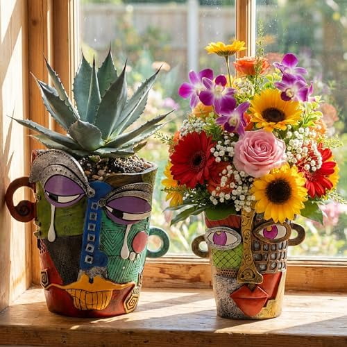 2 Pack Brutalist Abstract Face Planters Pots Head, Unique Abstract Flower Pot, Funny Planters Decoration Resin Face Flower Pot for Indoor and Outdoor Plants, Colorful Funny Room Decor$$Garden & Patio