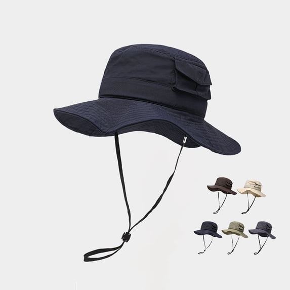 2 Pack Bucket-Hats for Men Women with Pocket Sun Protection Wide-Brim Fisherman Hat Unisex Casual Solid Color Breathable Hiking Fishing Cap
