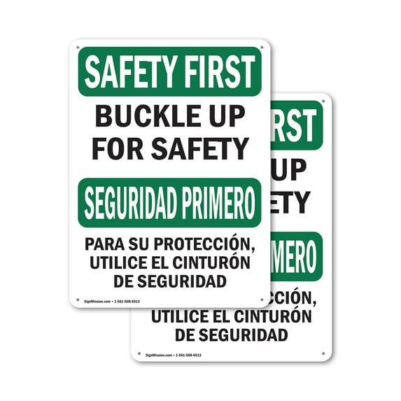 (2 Pack) Buckle Up For Safety Bilingual OSHA Safety First Sign 10 Inch X 14 Inch Indoor / Outdoor Rust-Free Aluminum Metal Signs for Workplace, Workshop, and Construction Site, Made in
