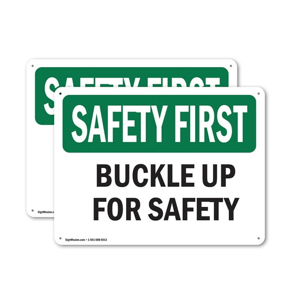 (2 Pack) Buckle Up For Safety OSHA Safety First Sign 10 Inch X 7 Inch Indoor / Outdoor Rust-Free Aluminum Metal Signs for Workplace, Workshop, and Construction Site, Made in the USA
