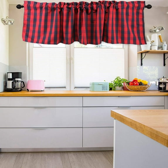 2 Pack Buffalo Check Plaid Window Valances, Red and Black Kitchen Curtains for windows, Farmhouse Window Treatment Decor Curtains, 16" x 56" Rod Pocket Valances