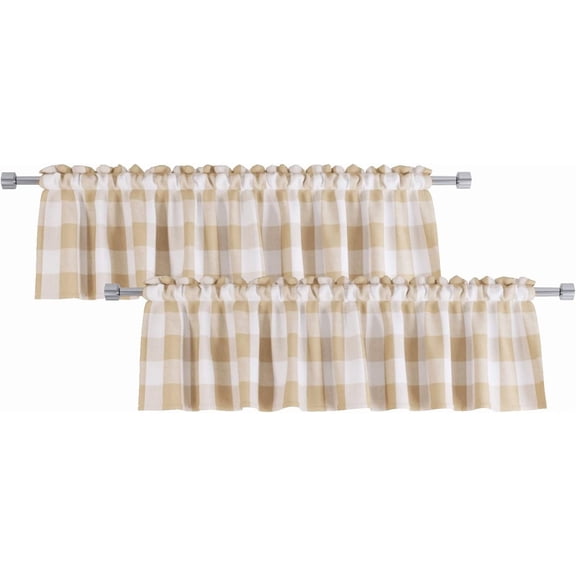 2 Pack Buffalo Check Valances Gingham Plaid Window Treatment Living Room 18 inches Long Classic Bedroom Bathroom Rod Pocket Country Farmhouse Kitchen Window Curtain Valances - 54"x18" Beige & White