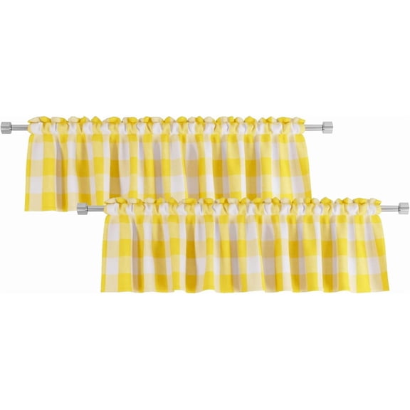 2 Pack Buffalo Check Valances for Windows Living Room 18 inches Long Classic Gingham Plaid Bedroom Bathroom Rod Pocket Country Farmhouse Kitchen Window Curtain Valances - 54"x18" Yellow & White