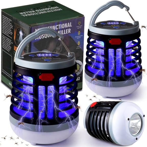 2 Pack Bug Zapper Camping Lantern, 3 in 1 USB Rechargeable Mosquito Killer Fly Trap, Waterproof Portable LED Emergency Light for Outdoor Patio
