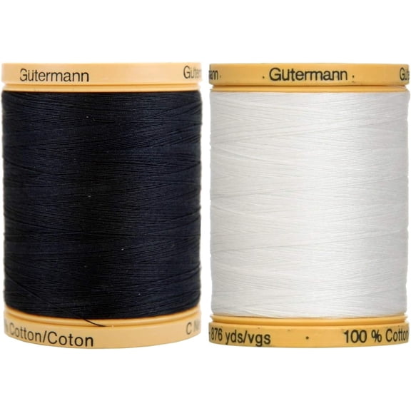 2 Pack Bundle - Black + White - Gutermann Natural Cotton Thread Solids 876yds Each
