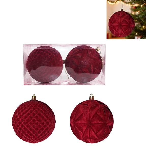 2 Pack Burgundy Flocked Christmas Ball Ornaments, 10cm Velvet Finish Shatterproof Plastic Tree Decorations