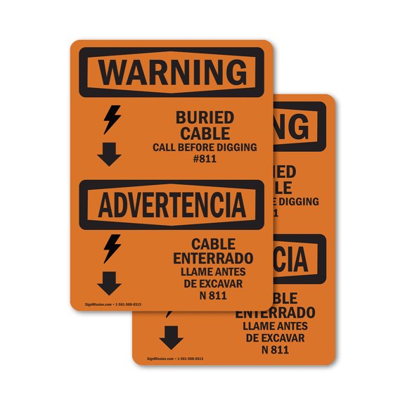 (2 Pack) Buried Cable Call Before Digging Bilingual OSHA Warning Sign