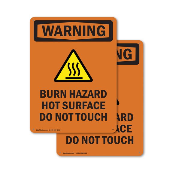 (2 Pack) Burn Hazard Hot Surface With Symbol OSHA Warning Sign 7 Inch X 10 Inch Indoor / Outdoor Rust-Free Aluminum Metal Signs for Workplace, Workshop, and Construction Site, Made in