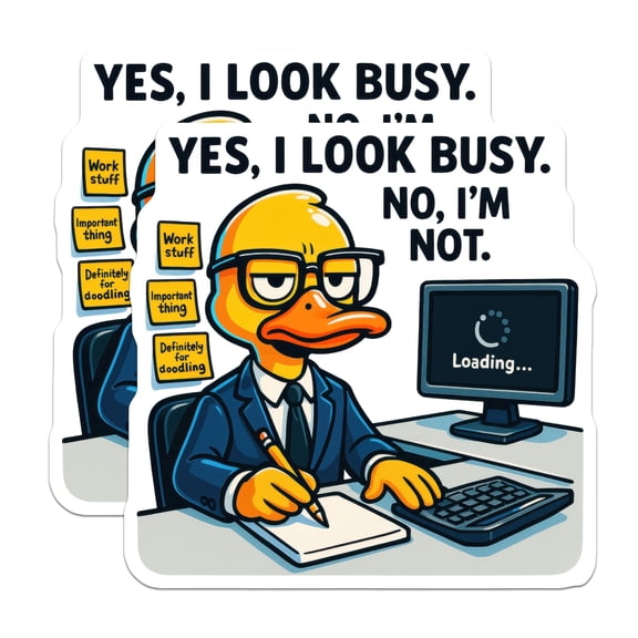 (2 Pack) Busy Duck Stickers - Office Worker Humor - Productivity Joke Decal - Funny Computer Meme - Work Life Relatable - 5" On Longest Side - Sticks to Smooth Flat Surfaces - Made in USA - BMCS22309