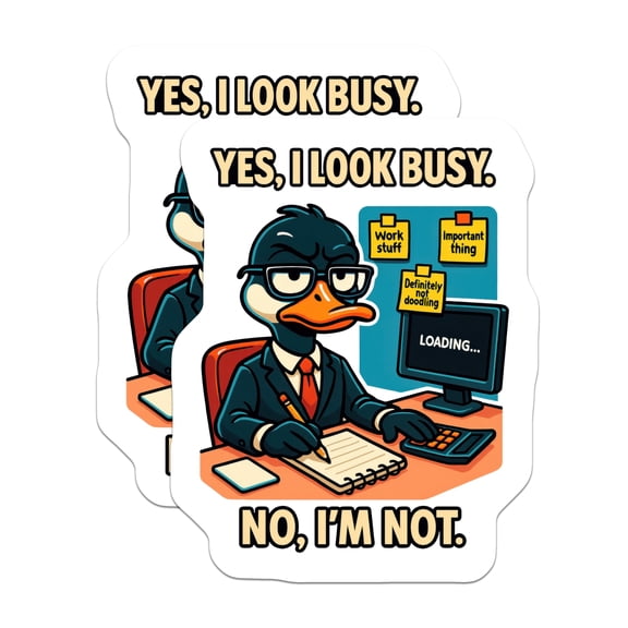(2 Pack) Busy Duck Stickers - Procrastination Office Humor - Funny Work Joke - Doodling Duck Decals - Workplace Sarcasm - 5" On Longest Side - Sticks to Smooth Flat Surfaces - Made in USA - BMCS21547
