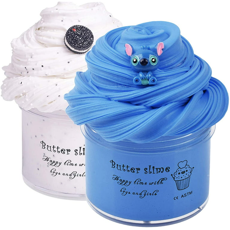 2 Pack Butter Slime Kit, Blue Stitch White Oreo Charm with Glitters and  Foam Beads, Scented Thick Slime Soft Cotton Candy Putty DIY Sludge Toys for