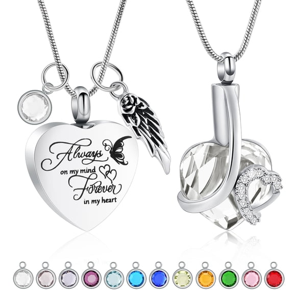 2 Pack Butterfly Heart Urn Necklaces for Ashes Cremation Jewelry for Ashes for Women Men with 12 Birthstones Memorial Human Ashes Pendant